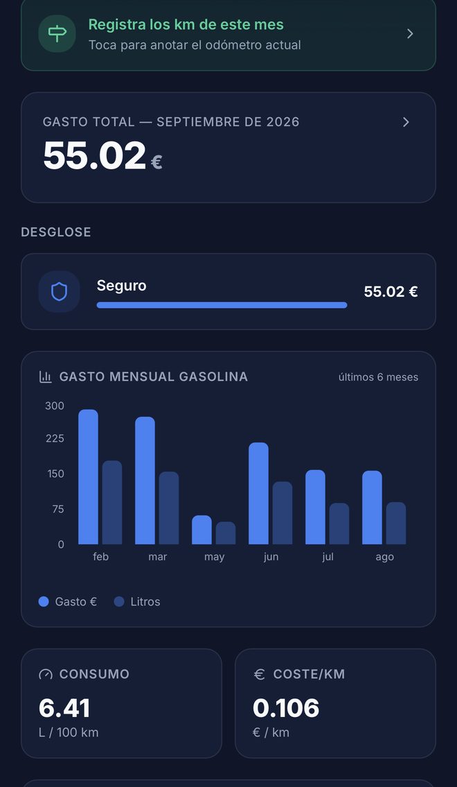 Pantalla de inicio de Copiloto con el gasto del mes y el gráfico de gasolina