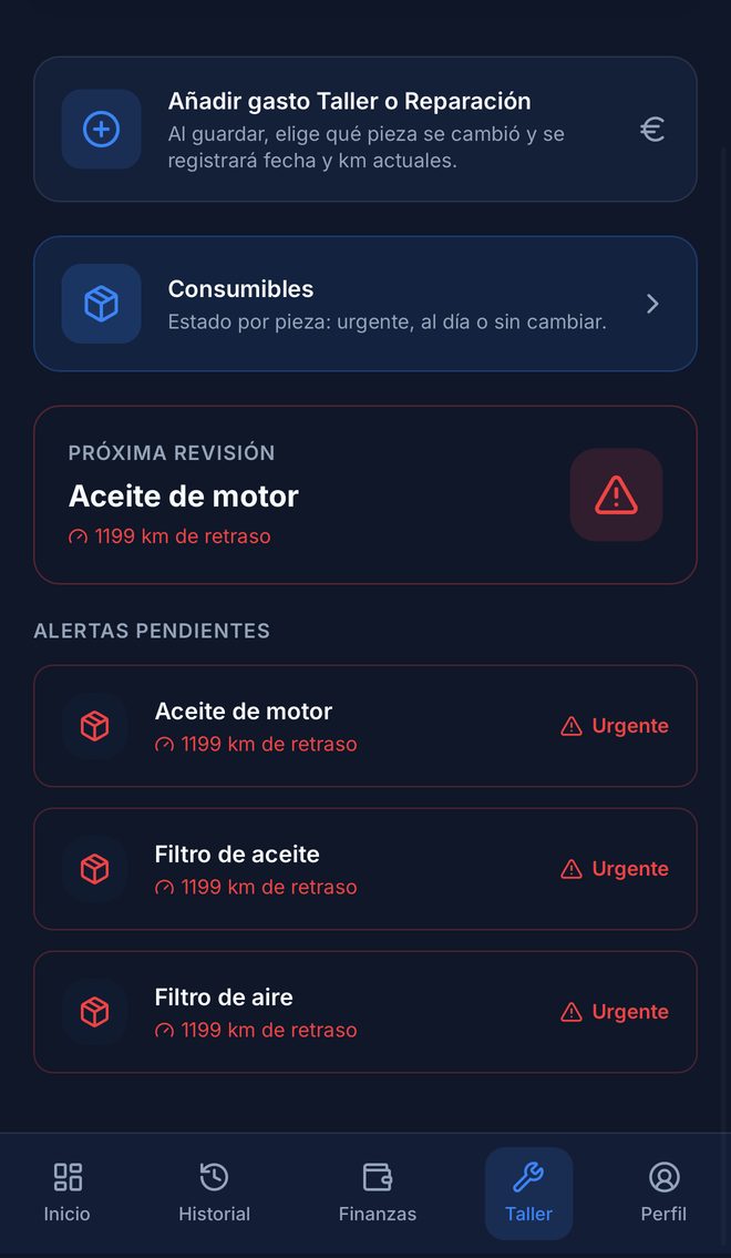Mantenimiento: próxima revisión y alertas de consumibles