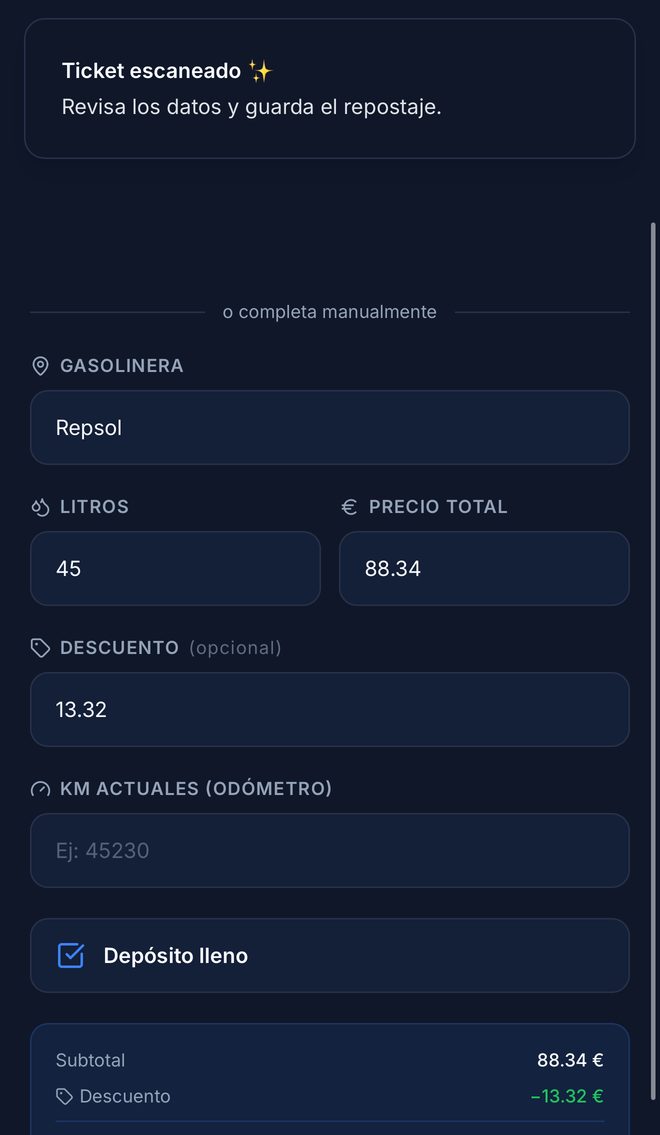 Escaneo de un ticket de gasolina con los campos rellenados automáticamente